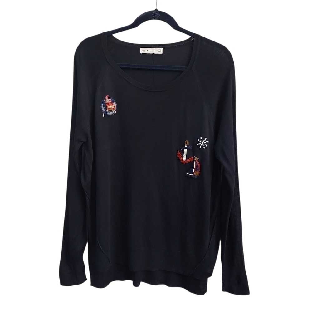ZARA KNIT XL Navy Long Sleeve Knit Beaded Embroidered Sweater Tunic Coastal